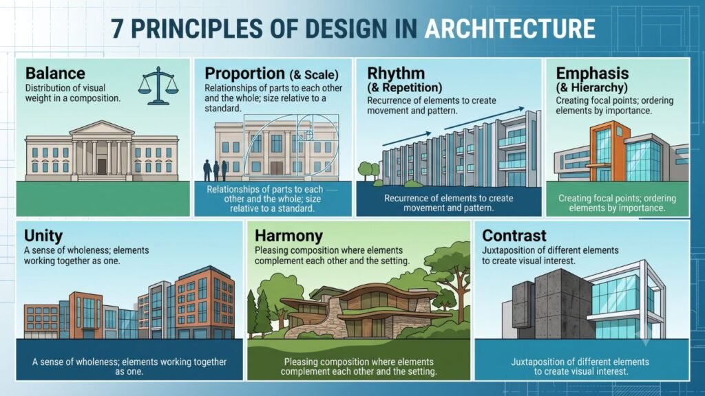 What are the 7 principles of design in architecture