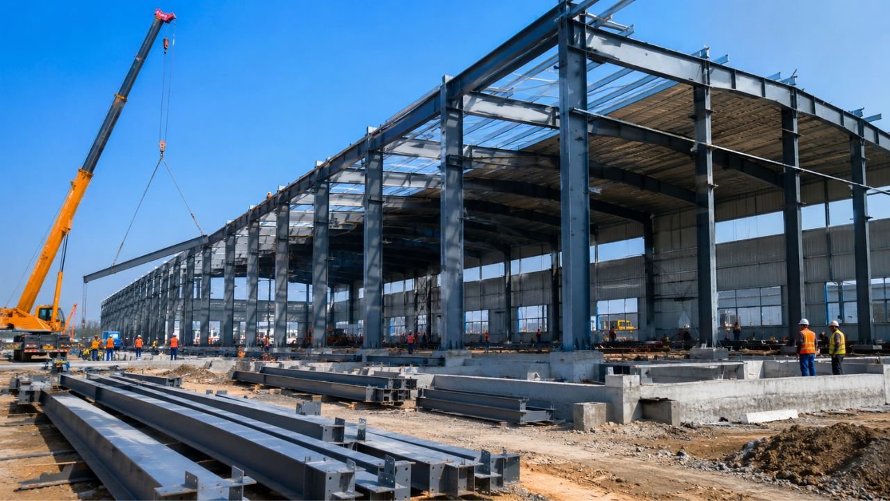 Construction of a 5000 MT warehouse with steel structure and heavy-duty industrial framing