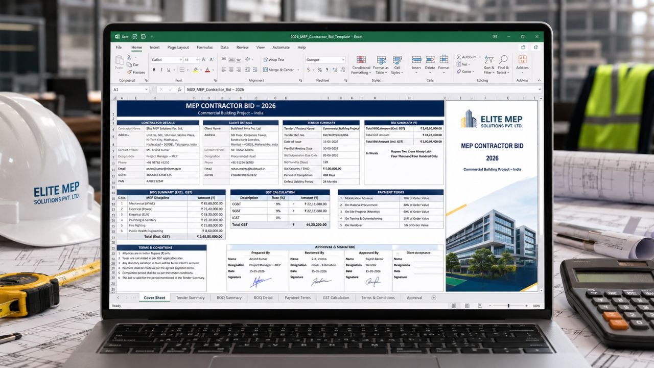 Professional MEP contractor bid template in Excel showing BOQ, GST calculation, payment terms, tender summary, and approvals