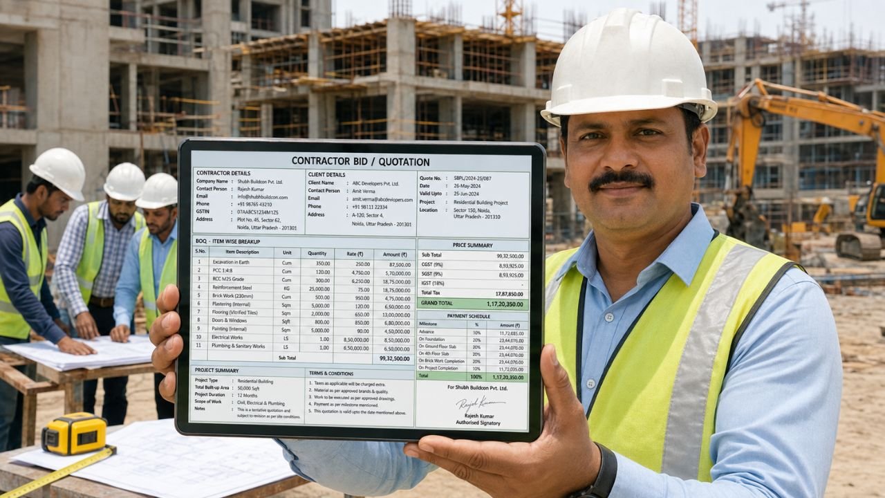 Professional construction bid template showing BOQ, contractor details, project summary, pricing, GST, payment schedule, and terms