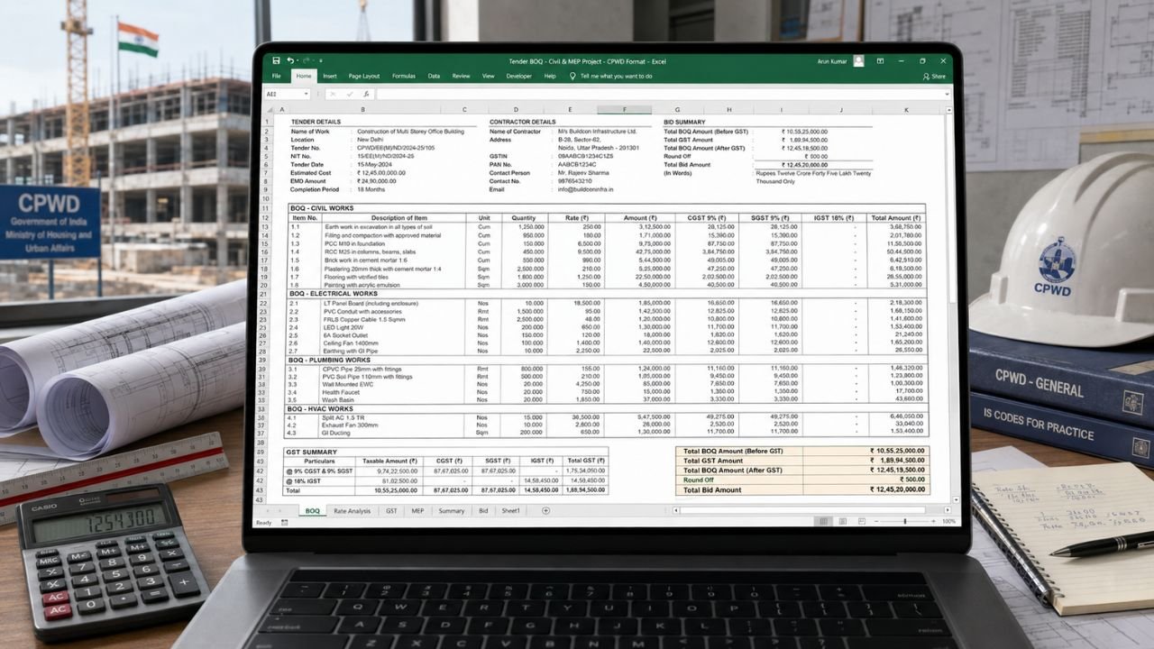 Professional construction bid template in Excel showing BOQ, contractor details, GST calculations, and bid summary