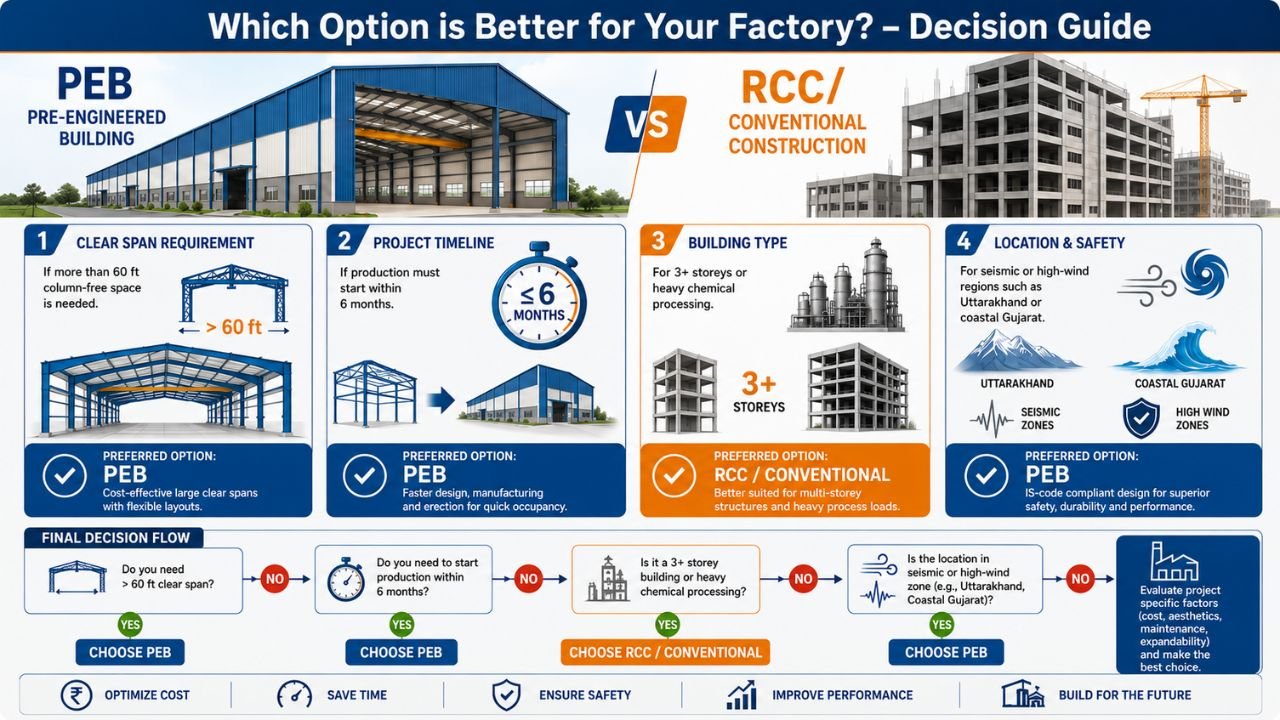 PEB vs RCC conventional construction for factory decision guide