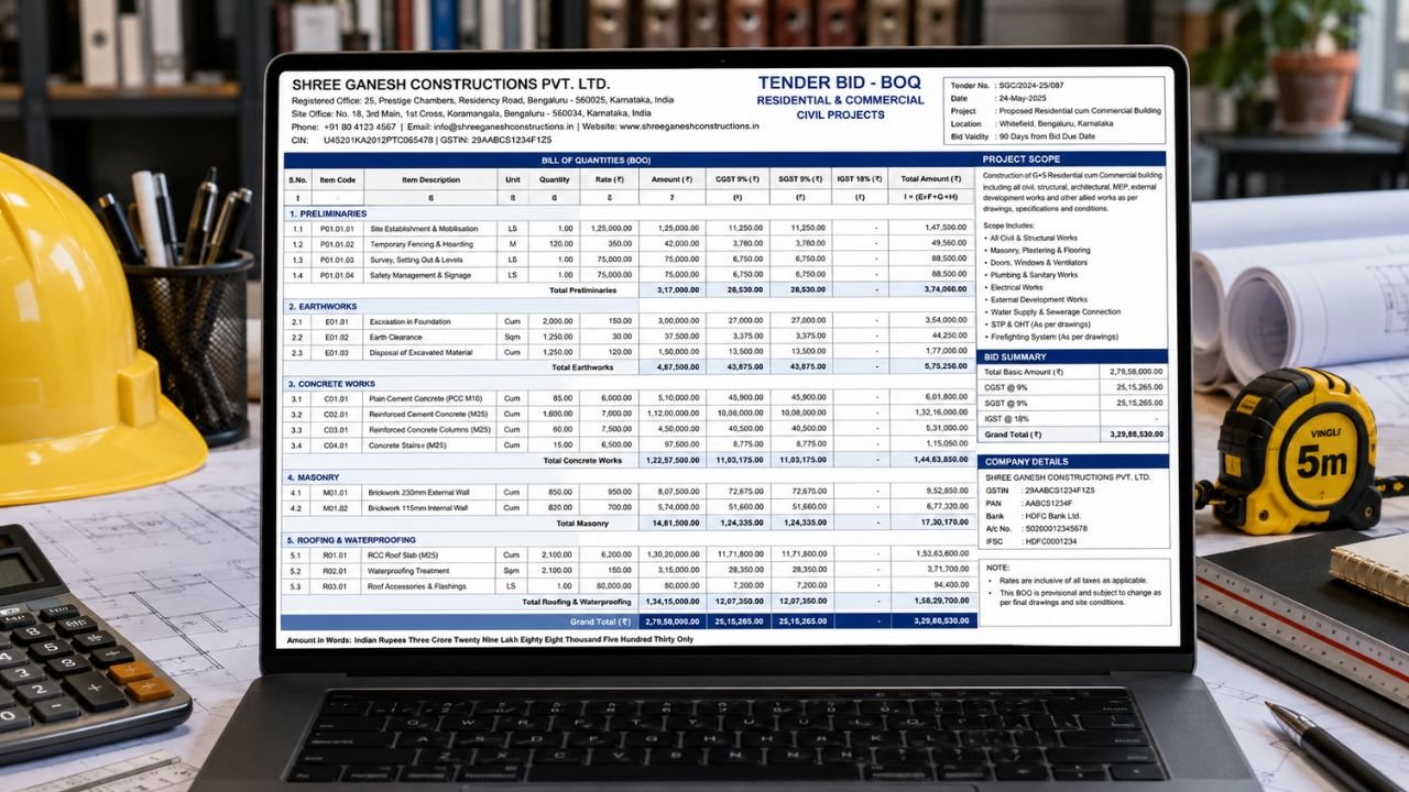 Construction tender BOQ template showing quantities, rates, GST, project costs, and bid details for residential and commercial projects in India.