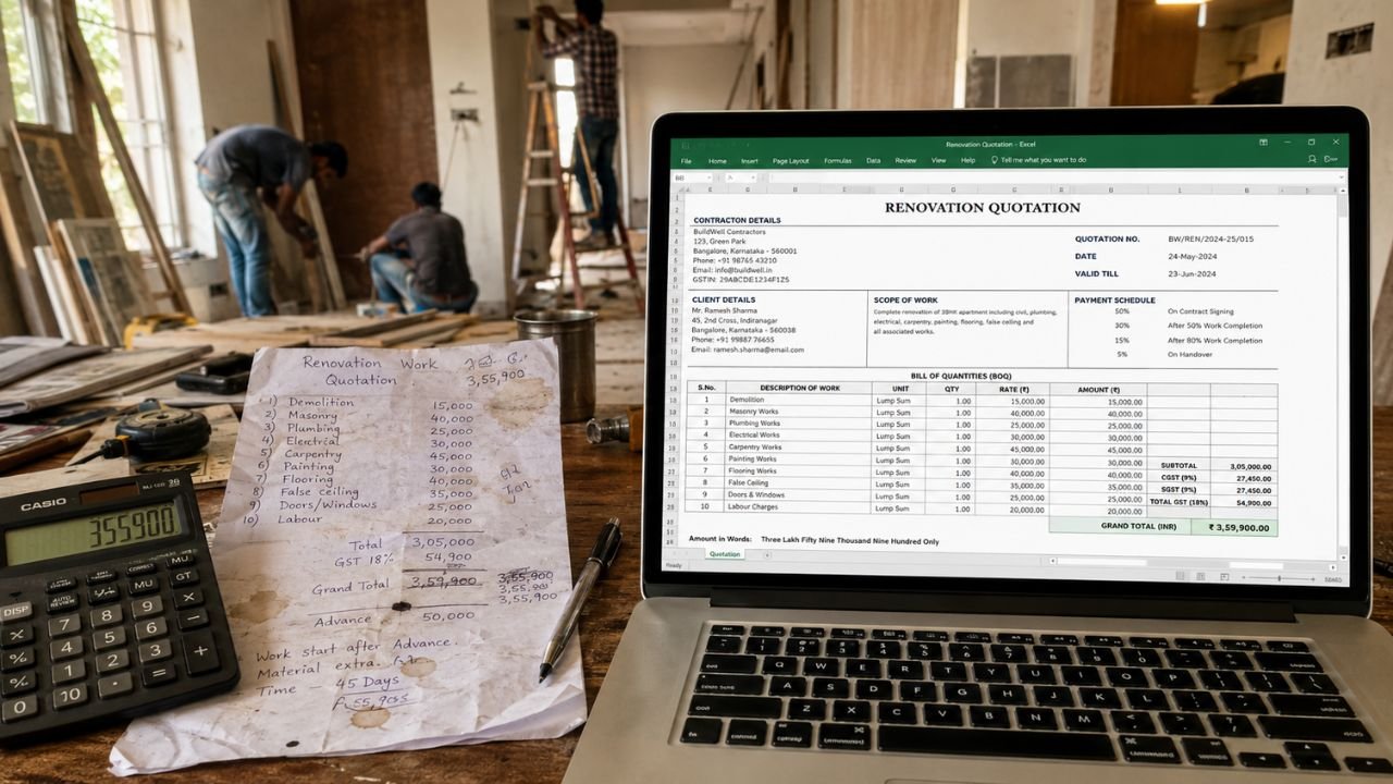 Renovation quotation template in Excel showing bill of quantities, project costs, GST, payment schedule, and renovation work details