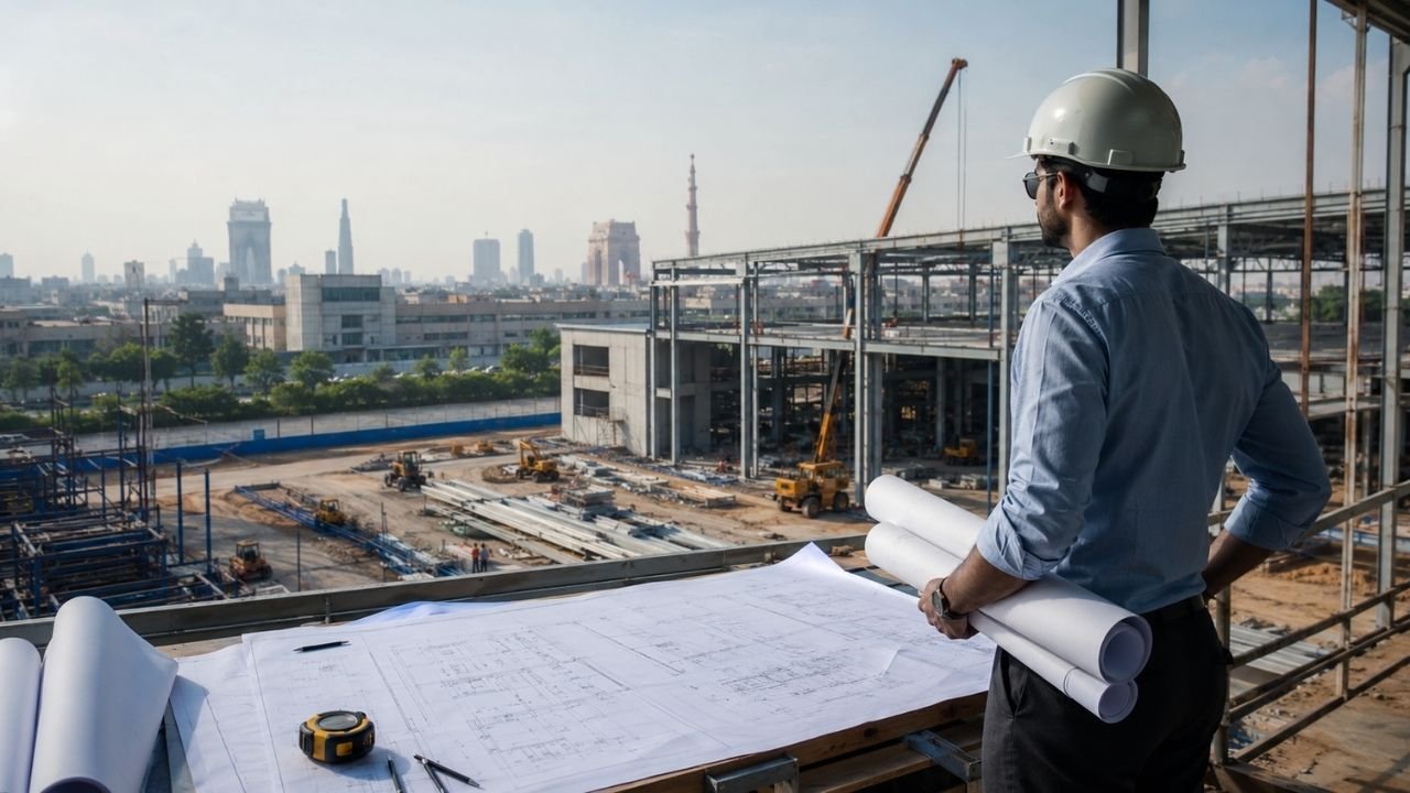 Industrial architect in Delhi overseeing factory construction